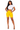 Woman wearing a white crop top and yellow shorts on a white background