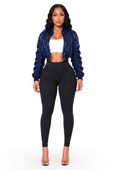 Drea - Women's Light Bomber Style Long Ruched Detail Sleeves Semi Crop Jacket