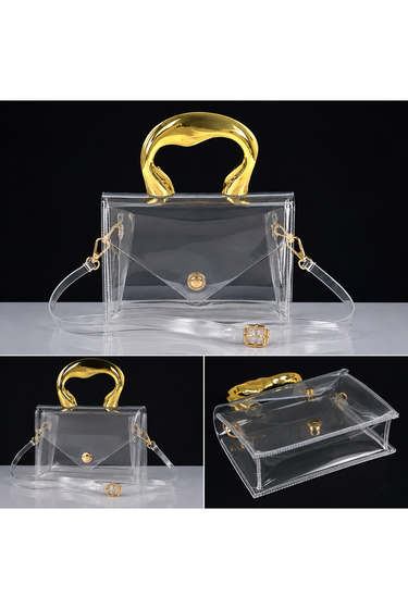 Tori - Clear Clutch Bag: Asymmetrical Gold Handle Transparent Mini Purse