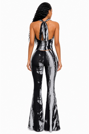 Priorities Straight - Matching Print Stretch Cowl Top Flare Pants Set