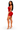 A woman modeling a fitted red halter-neck mini dress with nude high-heeled sandals against a plain white studio background.
