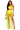 Woman wearing a neon green strapless top and sheer skirt with a white background