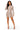 A woman modeling a long-sleeve knit bodycon mini dress with vertical taupe stripes on a white background.