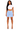 Woman wearing a white crop top and light blue shorts on a white background