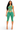 A woman modeling a matching green two-piece activewear set consisting of a high-waisted crop top with cutouts and strappy details, and matching high-waisted capri leggings with side seam details, shot against a plain white background.
