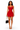 A woman modeling a bright red halter-neck bodycon mini dress, holding a black handbag with gold chain straps, against a plain white background.