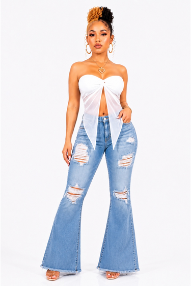 Butterfly Babe - Sleeveless Mesh Front Flare Cut Out Crop Top