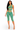 A woman modeling a two-piece green ribbed knit set featuring a cutout halter crop top and matching high-waisted capri leggings, shown against a plain white background.