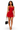 A woman modeling a bright red halter-neck bodycon mini dress, holding a black handbag with gold hardware against a plain white background.