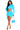 Woman wearing a bright blue dress with cut-out design on a white background