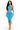 A woman modeling a bright blue ribbed two-piece set consisting of a sleeveless cutout crop top and matching high-waisted capri leggings, shot against a plain white background.