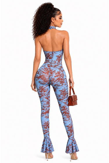 Pressure Point Jumpsuit: Printed Deep Cut Halter Flare Leg One Piece