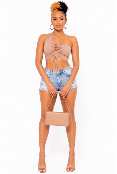 Ophelia - Asymmetric Stretch Single Strap Front Lace Crop Top