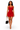 A woman modeling a bright red halter-neck bodycon mini dress, holding a black handbag with gold chain straps against a plain white background.