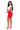 Woman wearing a white crop top and red high-waisted shorts on a white background
