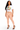 A woman modeling high-waisted, semi-sheer nude mesh leggings with a white graphic crop top and black strappy heels against a plain white background.