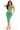 A woman modeling a matching two-piece ribbed knit set in a vibrant green with yellow-green contrast stitching. The set includes a sleeveless cutout crop top and high-waisted cutout biker shorts, shown against a plain white background.
