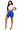 Woman wearing a white crop top and blue shorts on a white background