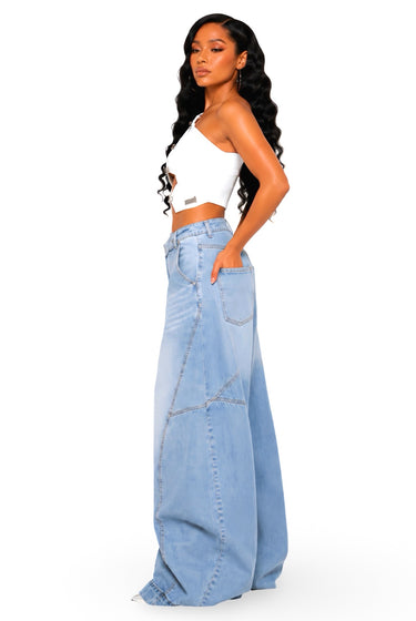 What You Saying - Baggy Oversized Cargo Detail Asymmetric Waist Denim Jeans