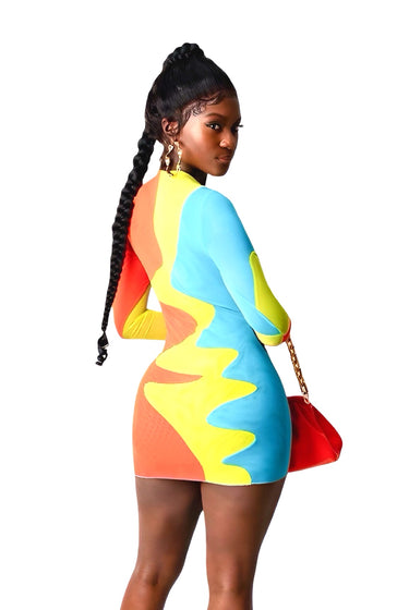 Been It - Color Block Stretch Long Sleeve Mesh Dress