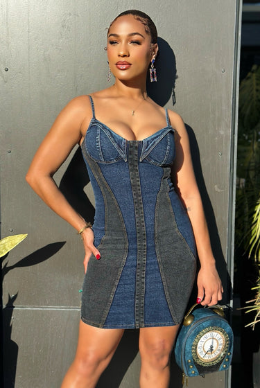 Perfect Vibe - Spaghetti Strap Two Tone Denim Dress
