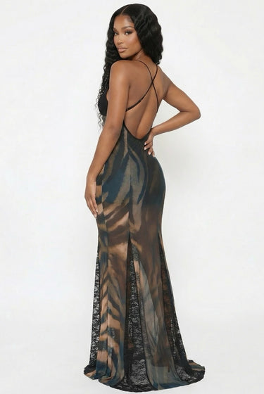 So Lucky - Spaghetti Strap Animal Print Combo Maxi Dress