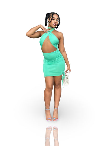 Pop Out One Time - Criss Cross Front Halter Side Tie Mini Dress