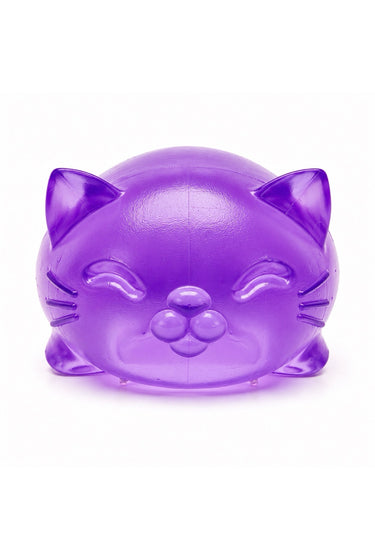 Purple translucent cat squeeze toy on a white background, adorable squishy fidget toy for stress relief and sensory play.