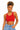 A woman modeling a bright red scoop-neck crop top with light blue jeans against a plain white background.
