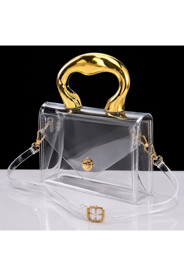 Tori - Clear Clutch Bag: Asymmetrical Gold Handle Transparent Mini Purse