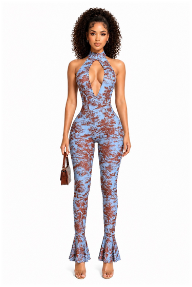 Pressure Point Jumpsuit: Printed Deep Cut Halter Flare Leg One Piece