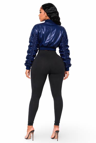 Drea - Women's Light Bomber Style Long Ruched Detail Sleeves Semi Crop Jacket