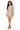 A woman modeling a beige and brown vertically striped knit mock-neck mini dress with side cutouts, shown against a plain white background.