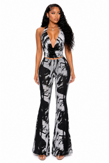 Priorities Straight - Matching Print Stretch Cowl Top Flare Pants Set