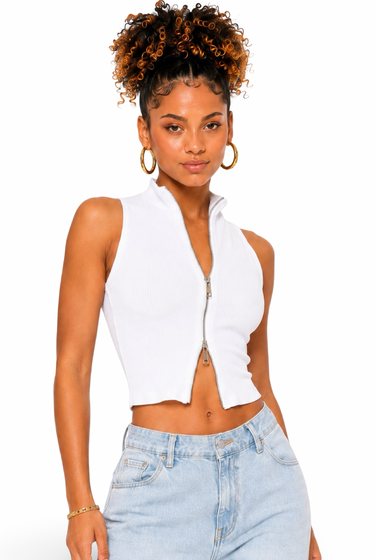Molly - Women's Mock Neck Front Double Side Zipper Sleeveless Crop Top