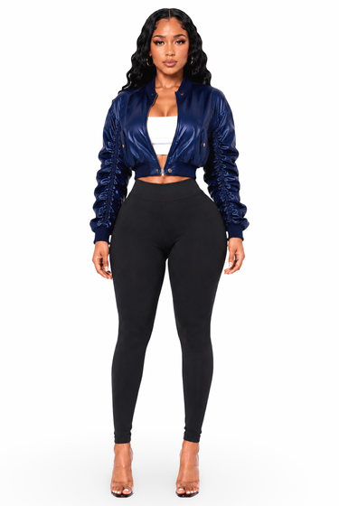 Drea - Women's Light Bomber Style Long Ruched Detail Sleeves Semi Crop Jacket