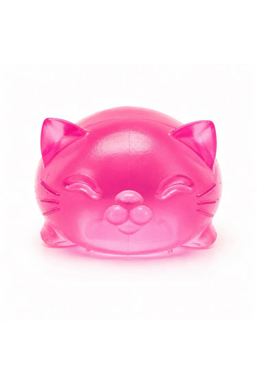 Pink translucent cat squeeze toy on a white background, soft squishy stress relief sensory fidget toy for kids and adults.