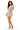 A woman modeling a fitted, long-sleeve mini dress with vertical taupe stripes on a light beige textured knit. The dress features a mock neck, ruffled cuffs, and side cutouts.