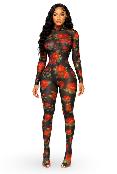Blossom....Rose Print Mock Neck Jumpsuit