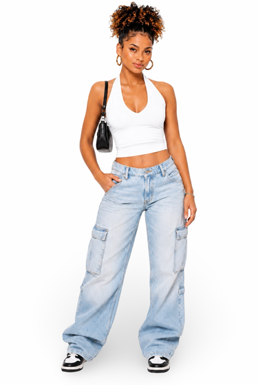 Vi Vi - Women's Front V Cut Micro Ribbed Stretch Halter Neck Crop Top