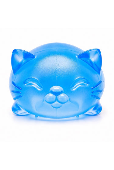 Blue translucent cat squeeze toy on a white background, cute squishy sensory fidget toy for stress relief and fun.