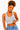 A woman modeling a light gray ribbed tank top and blue jeans against a plain white background.