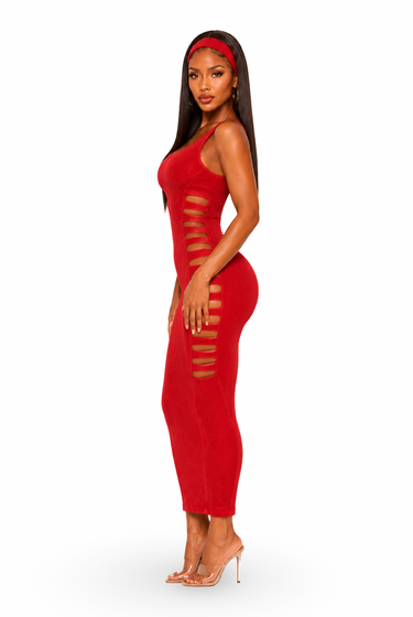 A woman modeling a bright red bodycon midi dress with side cutout details, paired with a matching red headband and clear high-heeled sandals, against a plain white background.