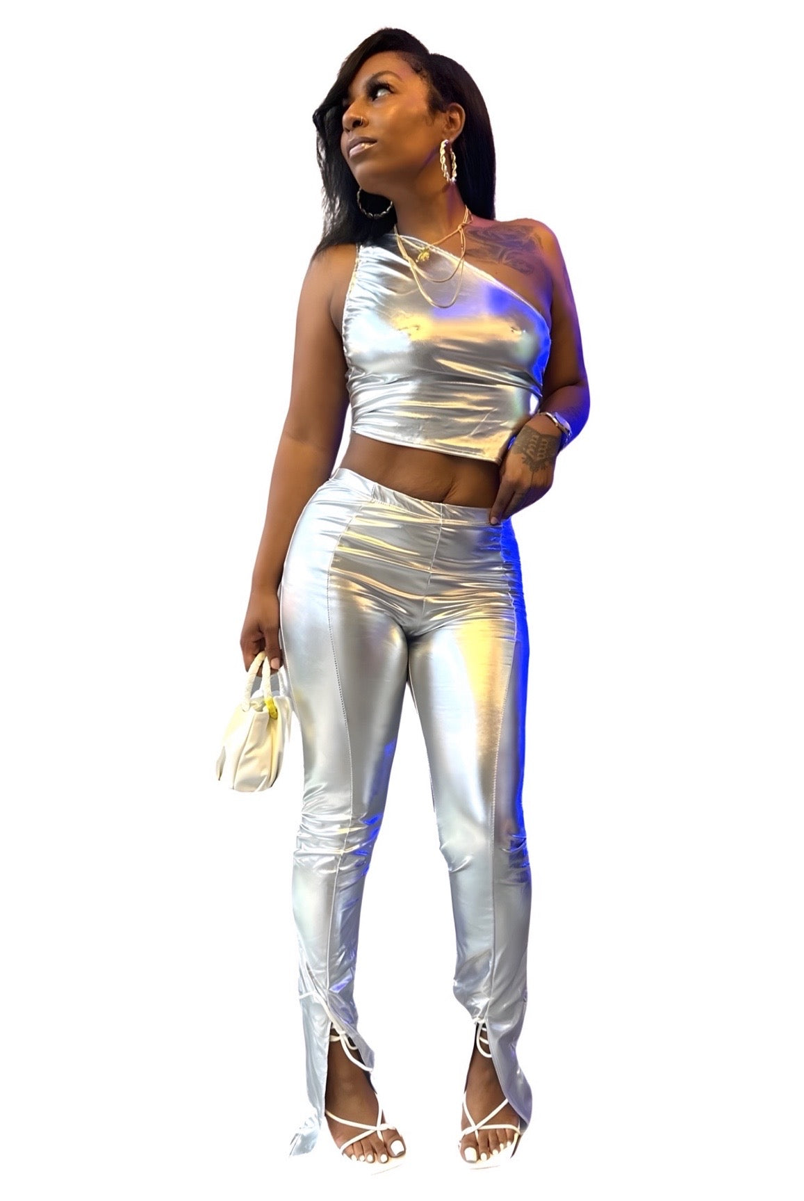 If Wishes Came True.....One Sleeve Metallic Pants Set Uptown