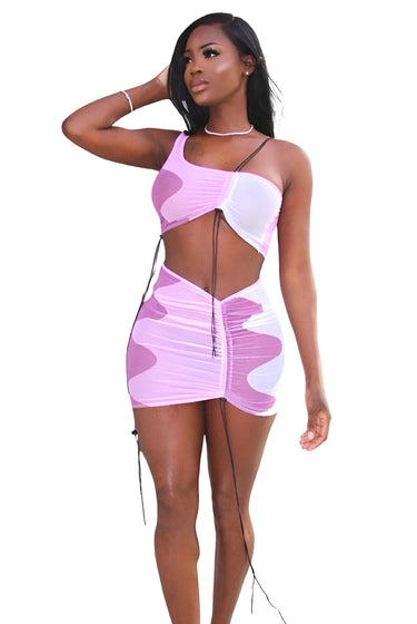 Misinformed - Matching Two Piece Ruched Mesh Mini Skirt Set