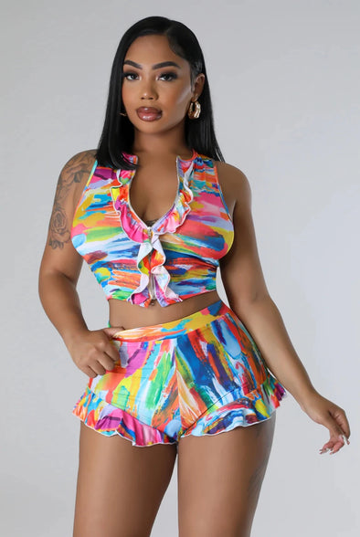 My Pleasure......Colorful Matching Print Short Set