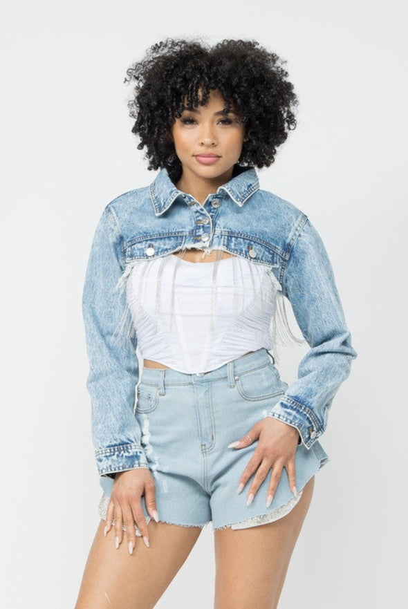 On To The Next.....Fringe Crop Denim Jacket