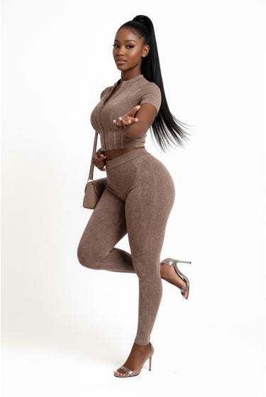 Follow My Lead - Short Sleeve Crop Front Zip Up Matching Pants Set