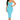 Woman wearing a light blue dress with button details on a white background