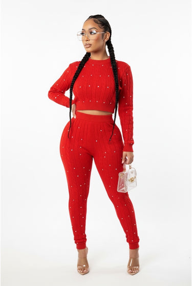 Just One Of Those Days - Knit Rhinestone Detail Sweater Pants Set